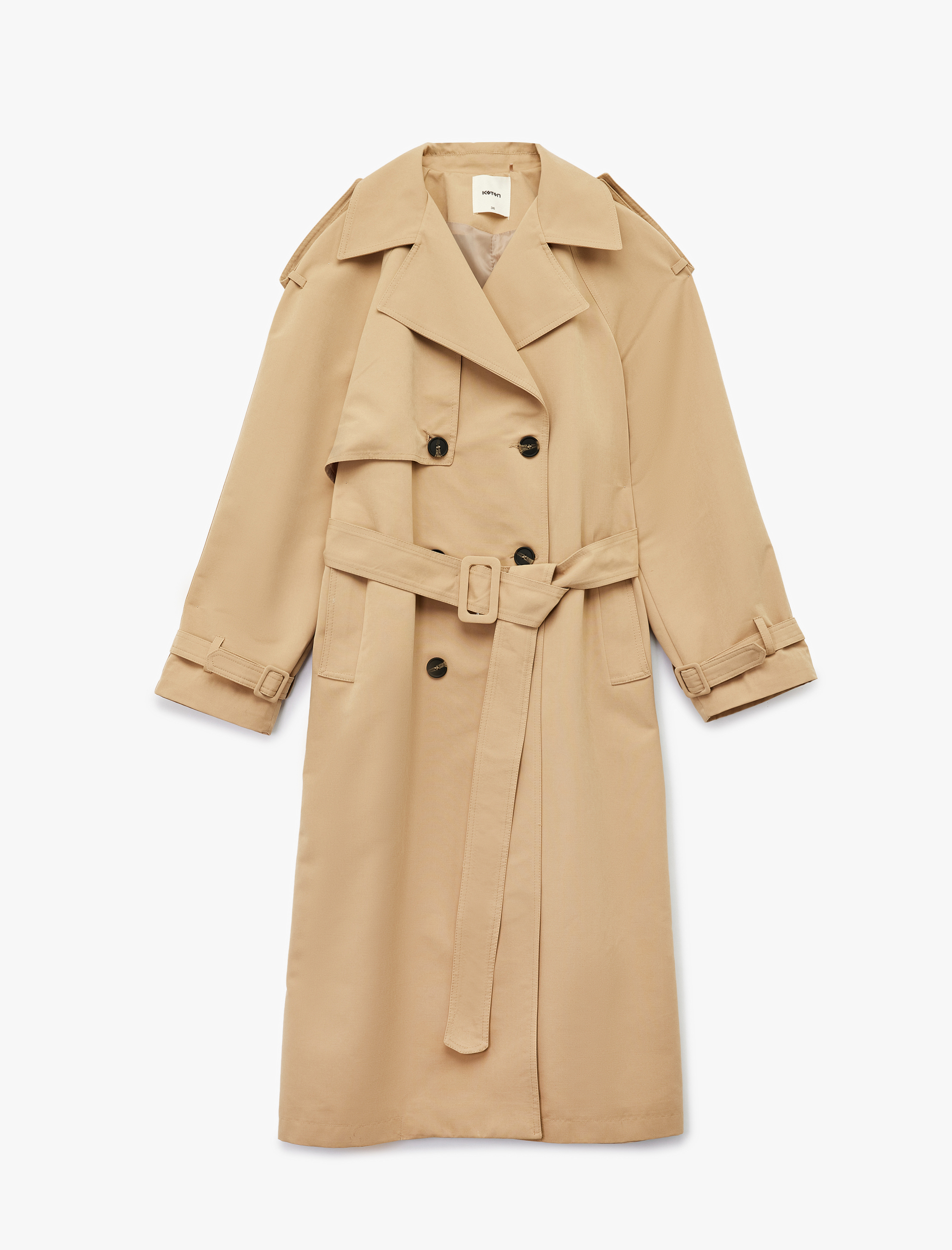   Kruvaze Uzun Kollu Cepli Düğmeli Kemerli Gabardin Trençkot