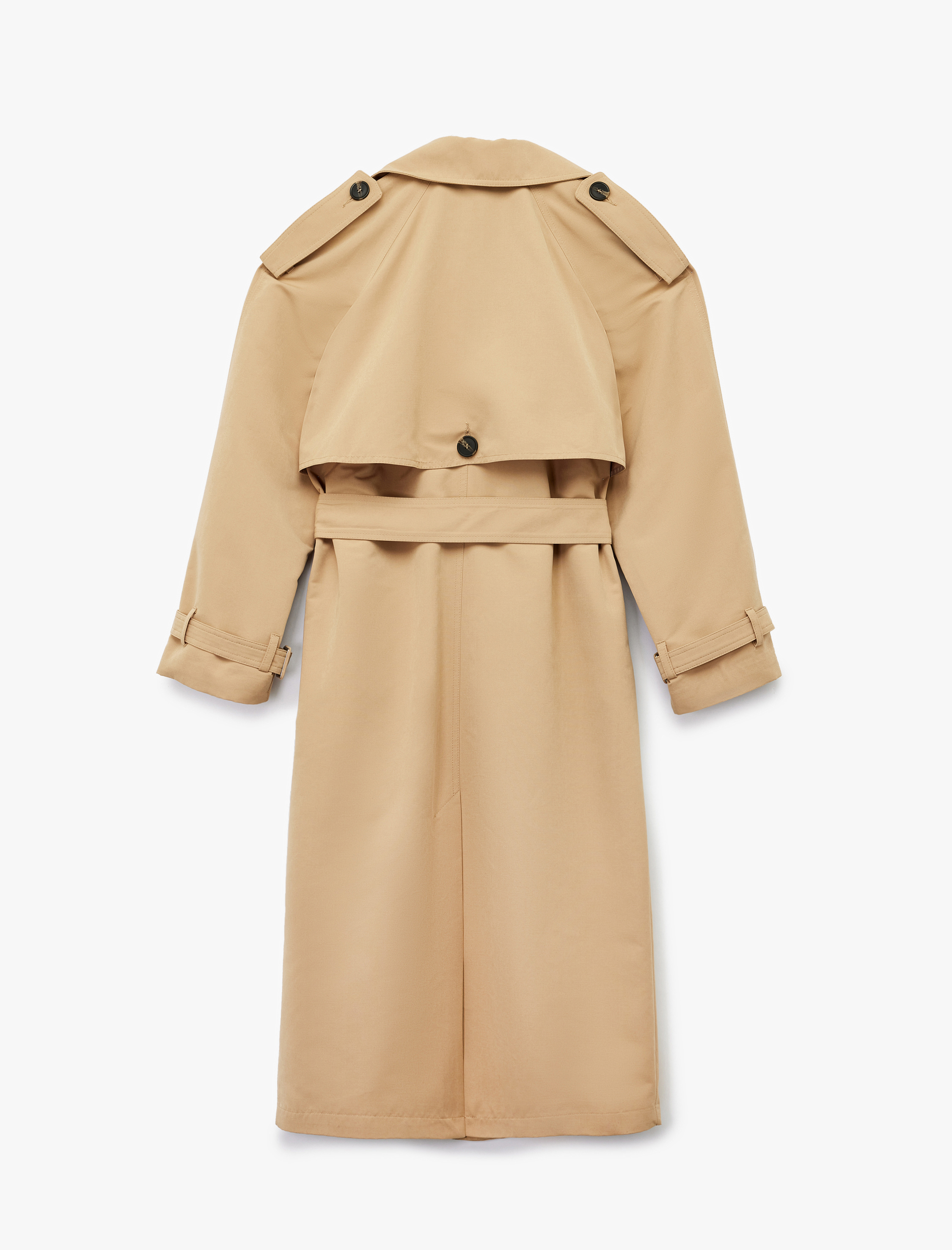   Kruvaze Uzun Kollu Cepli Düğmeli Kemerli Gabardin Trençkot