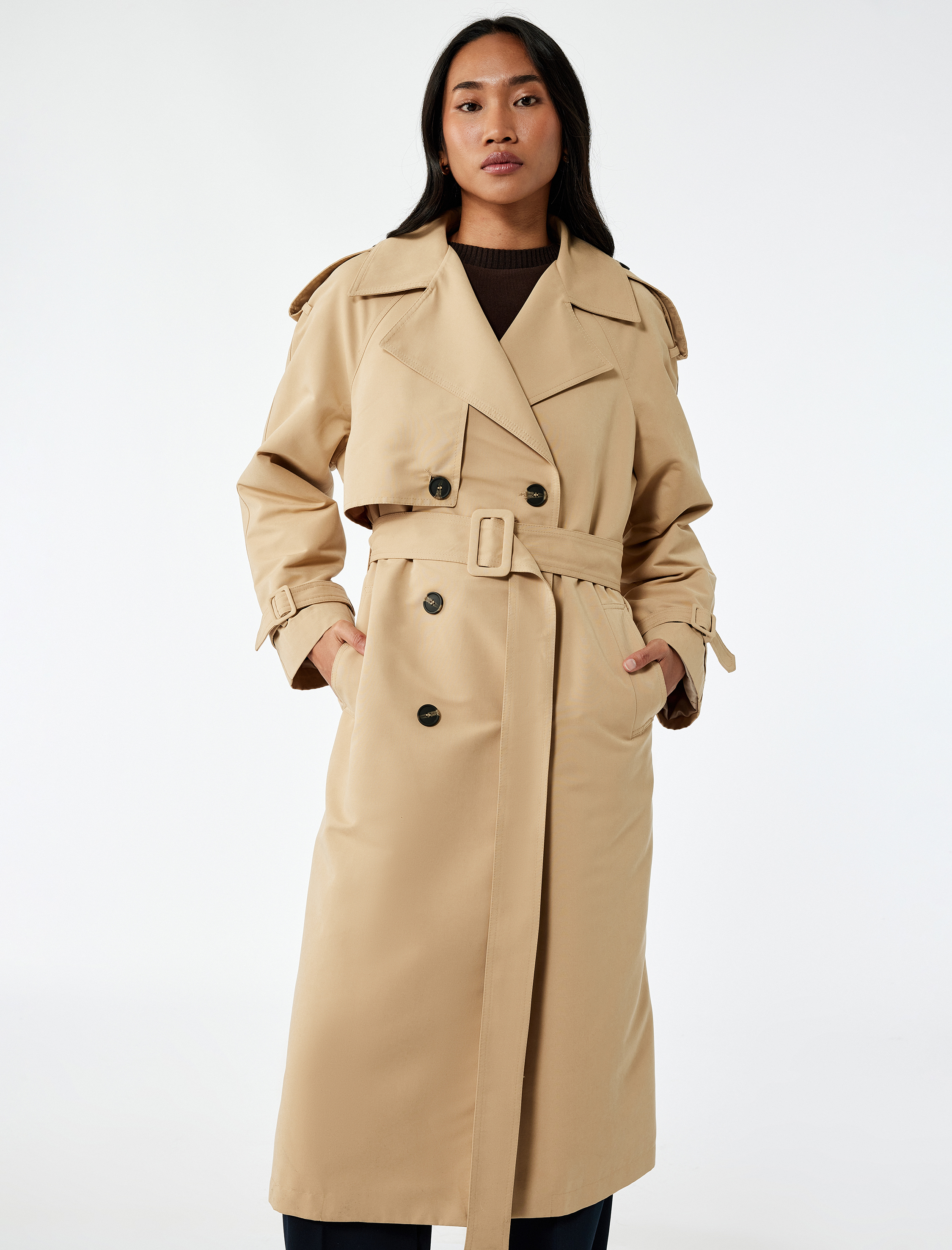   Kruvaze Uzun Kollu Cepli Düğmeli Kemerli Gabardin Trençkot