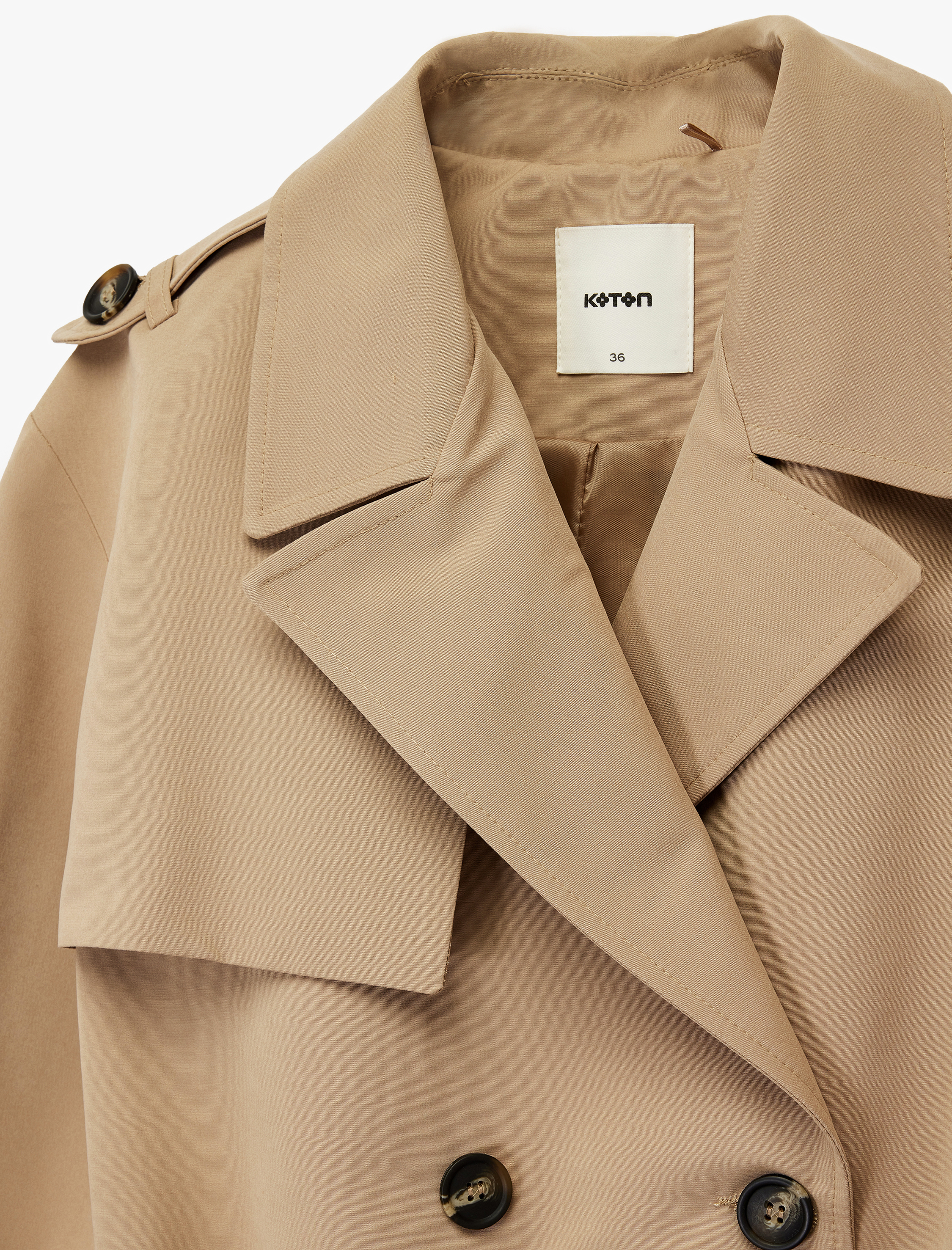   Astarlı Uzun Kollu Cepli Kemerli Kruvaze Gabardin Trençkot