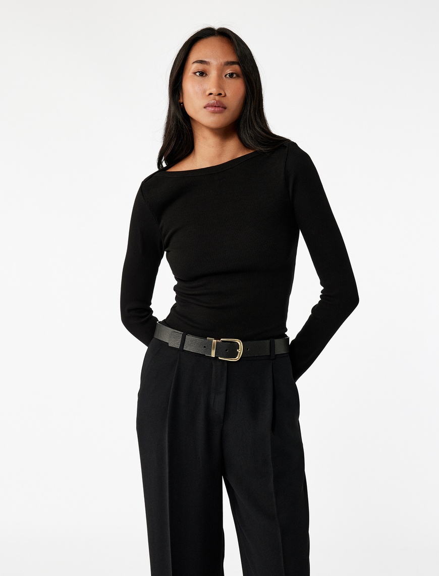   Pamuklu Uzun Kollu Bisiklet Yaka Slim Fit Basic Tişört