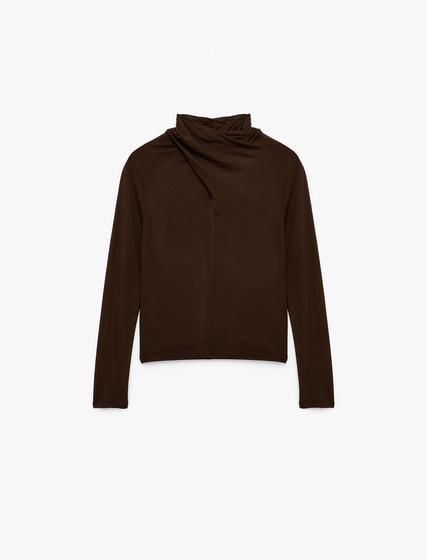   Uzun Kollu Slim Fit Drapeli Dik Yaka Tişört