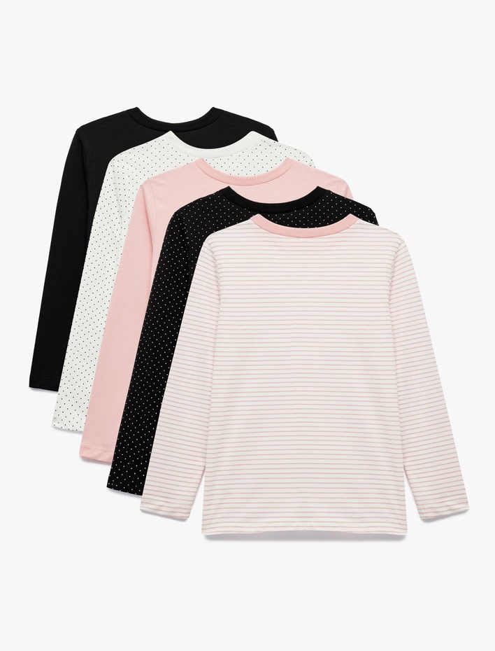 Kız Çocuk Pamuklu Bisiklet Yaka Uzun Kollu Desenli 5'li Tişört Seti