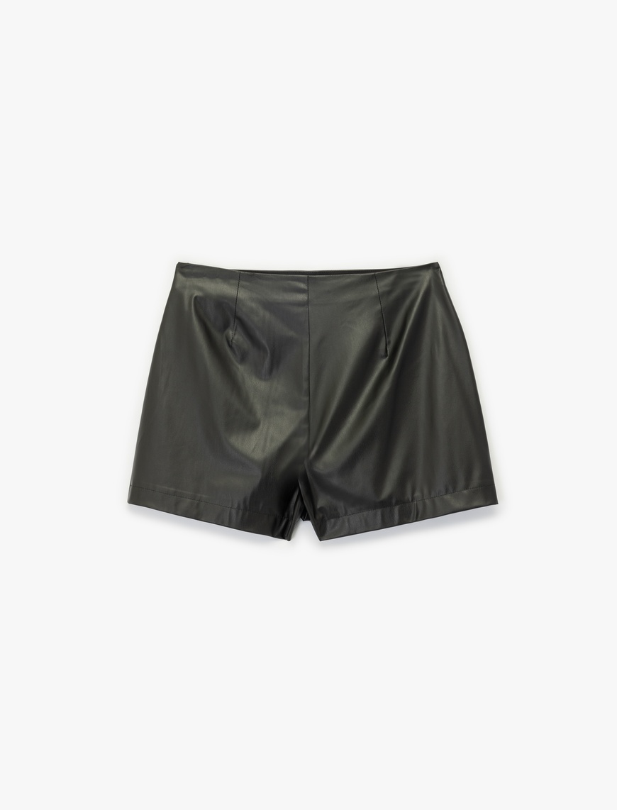   Slim Fit Asimetrik Kesim Kruvaze Suni Deri Şort Etek
