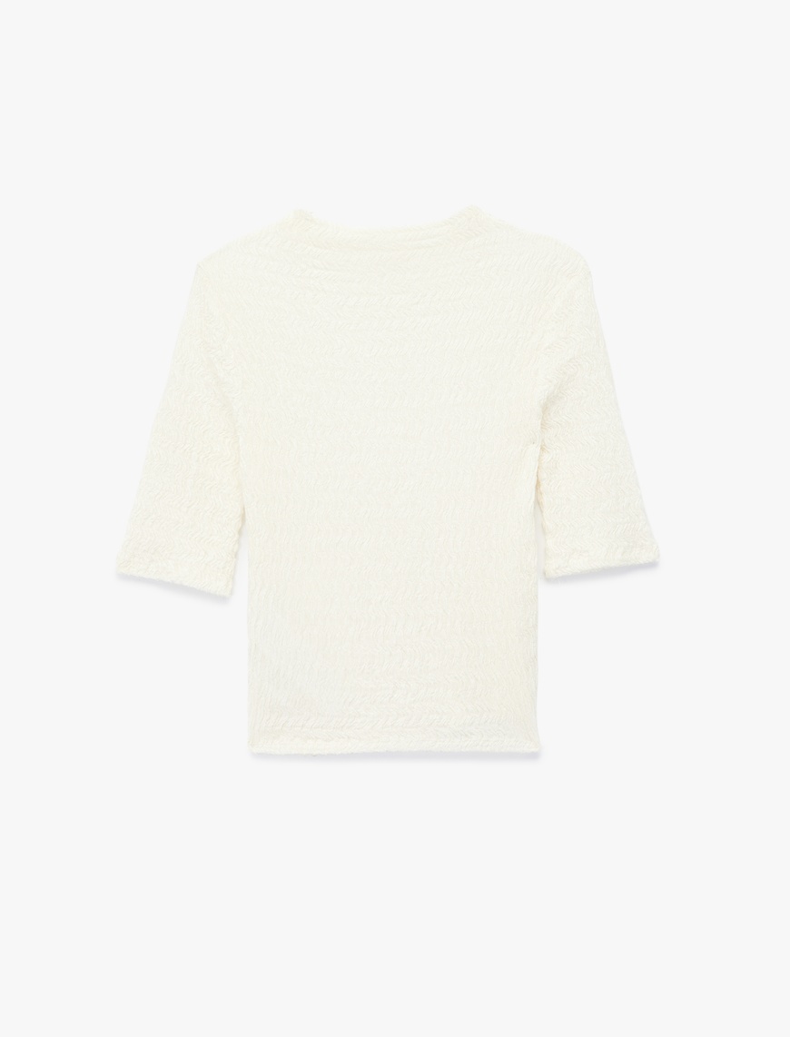   Bürümcük Kumaş Slim Fit Kısa Kollu Yuvarlak Hafif Dik Yaka Dokulu Tişört