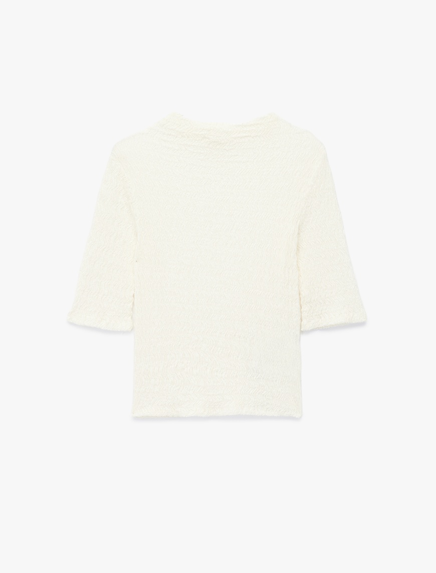   Bürümcük Kumaş Slim Fit Kısa Kollu Yuvarlak Hafif Dik Yaka Dokulu Tişört