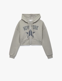 Uzun Kollu Kapüşonlu Şardonlu Yıldız Baskılı Fermuarlı Crop Sweatshirt