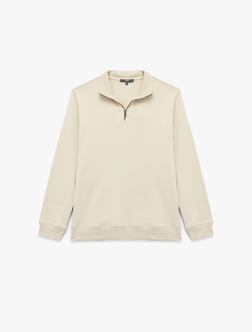   Uzun Kollu Şardonlu Basic Yarım Fermuarlı Sweatshirt