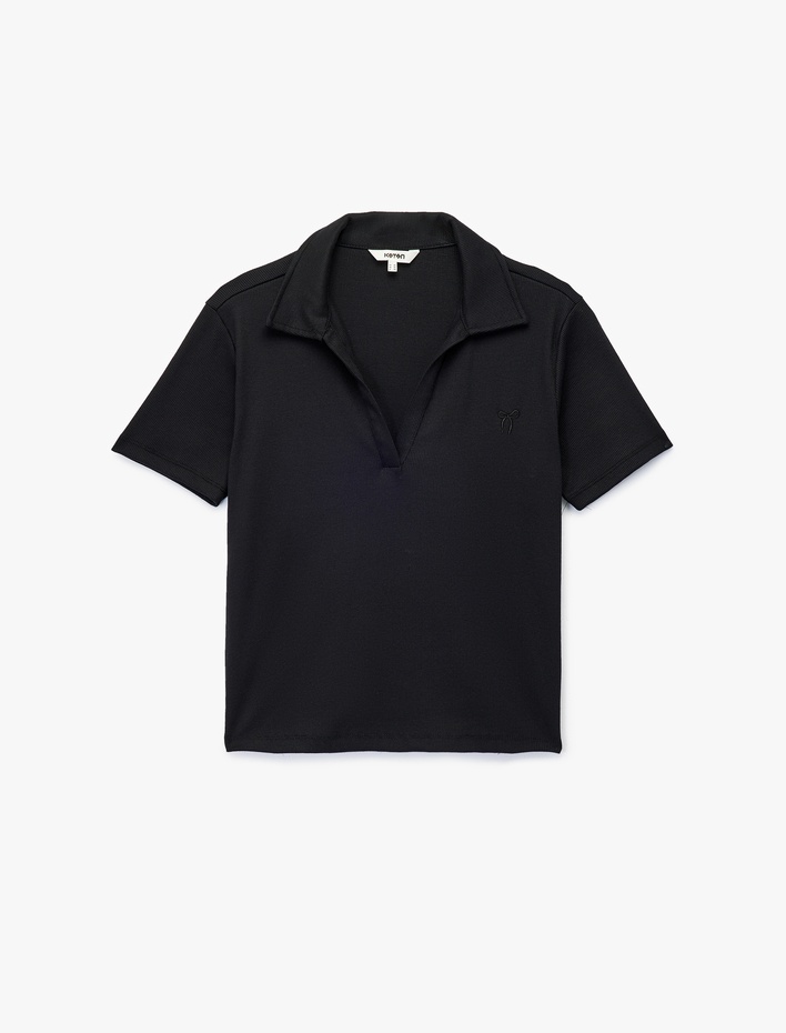  Pamuklu Fiyonk Nakış Detaylı Slim Fit Kısa Kollu Polo Yaka Tişört