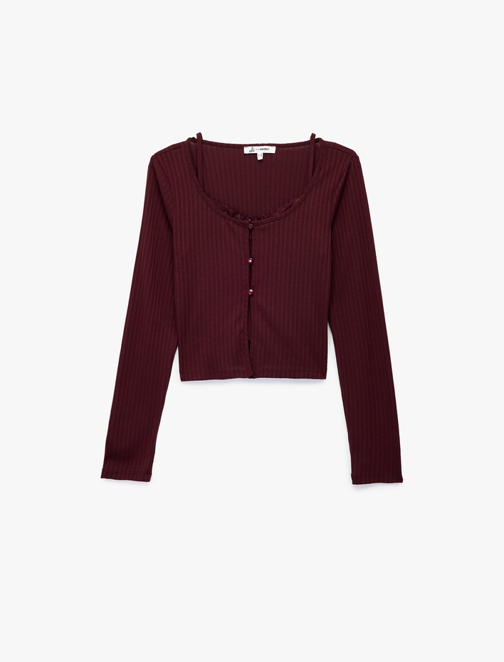  Slim Fit Bisiklet Yaka Atlet Detaylı Dantelli Fitilli Uzun Kollu Tişört