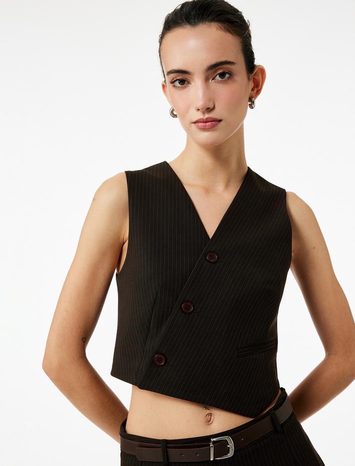  Kruvaze Düğmeli Asimetrik Kesim Blazer Yelek