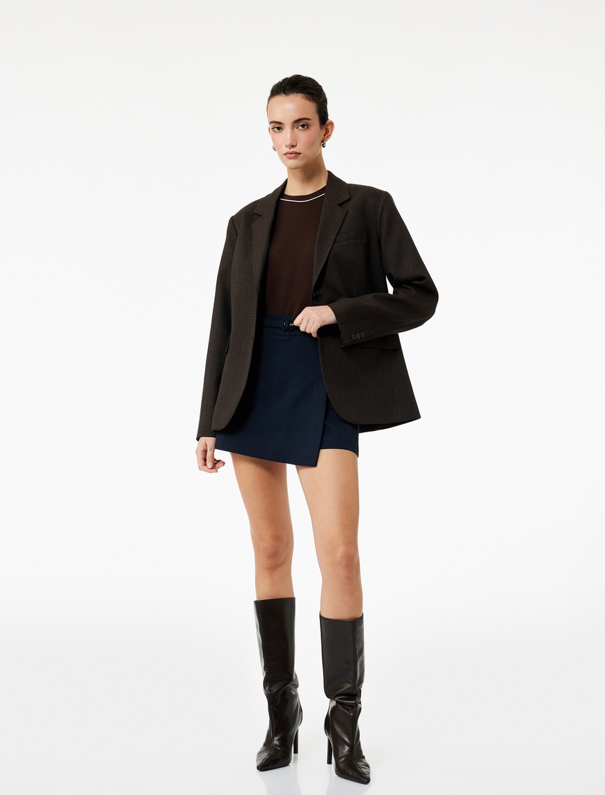   Cepli Düğmeli Uzun Kollu Kruvaze Ekose Blazer Ceket