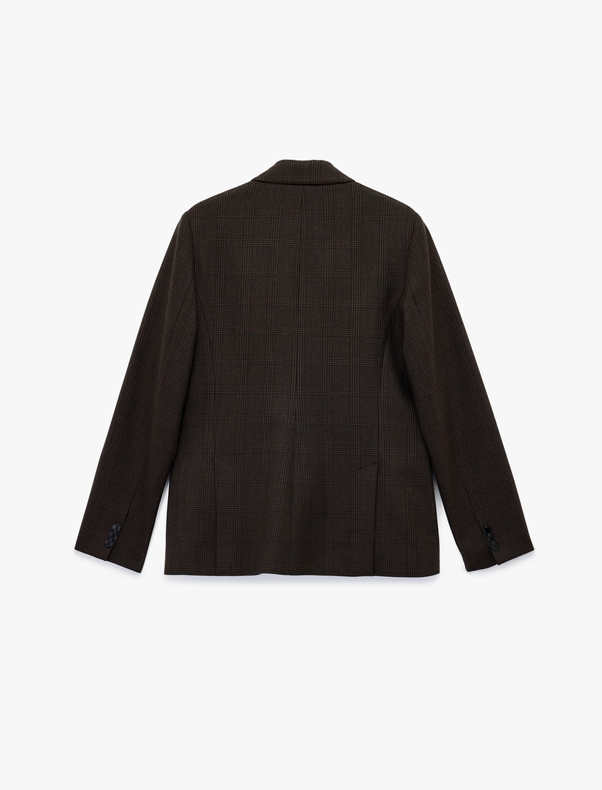   Cepli Düğmeli Uzun Kollu Kruvaze Ekose Blazer Ceket