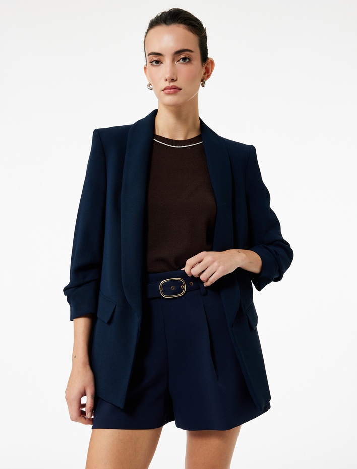  Krep Kumaş Regular Fit Şal Yaka 3/4 Kollu Blazer Ceket