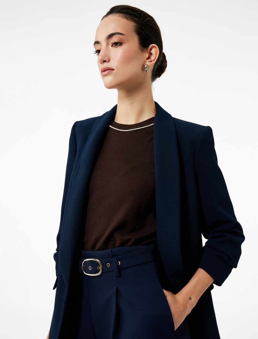   Krep Kumaş Regular Fit Şal Yaka 3/4 Kollu Blazer Ceket