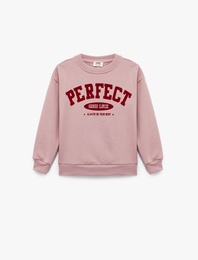 Pamuklu Şardonlu Uzun Kollu Bisiklet Yaka Baskılı Sweatshirt
