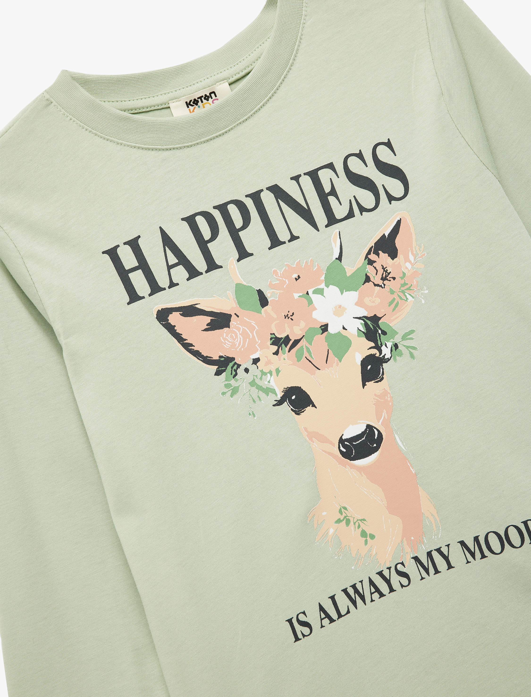  Kız Çocuk Pamuklu Geyik Baskılı Uzun Kollu Bisiklet Yaka Tişört