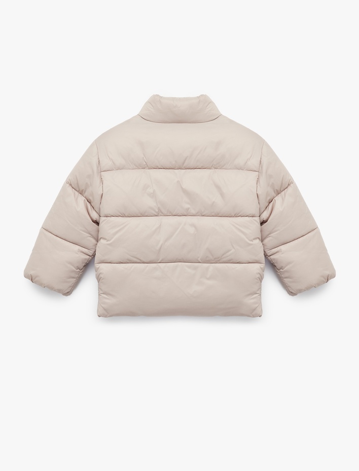 Kız Bebek Dik Yaka Uzun Kollu Fermuarlı Cepli Şişme Mont