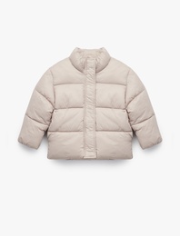 Dik Yaka Uzun Kollu Fermuarlı Cepli Şişme Mont