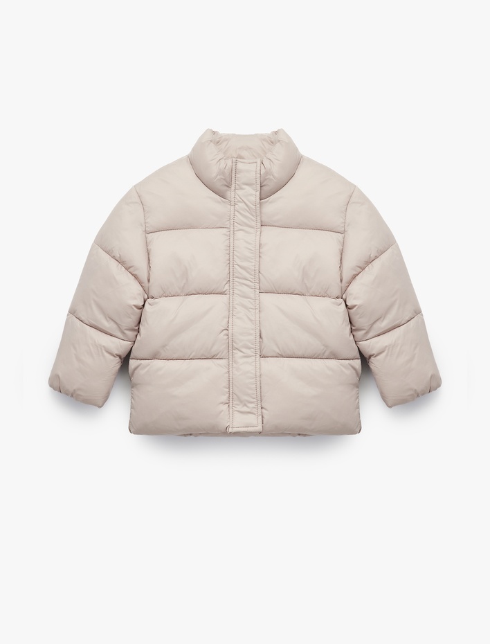 Kız Bebek Dik Yaka Uzun Kollu Fermuarlı Cepli Şişme Mont