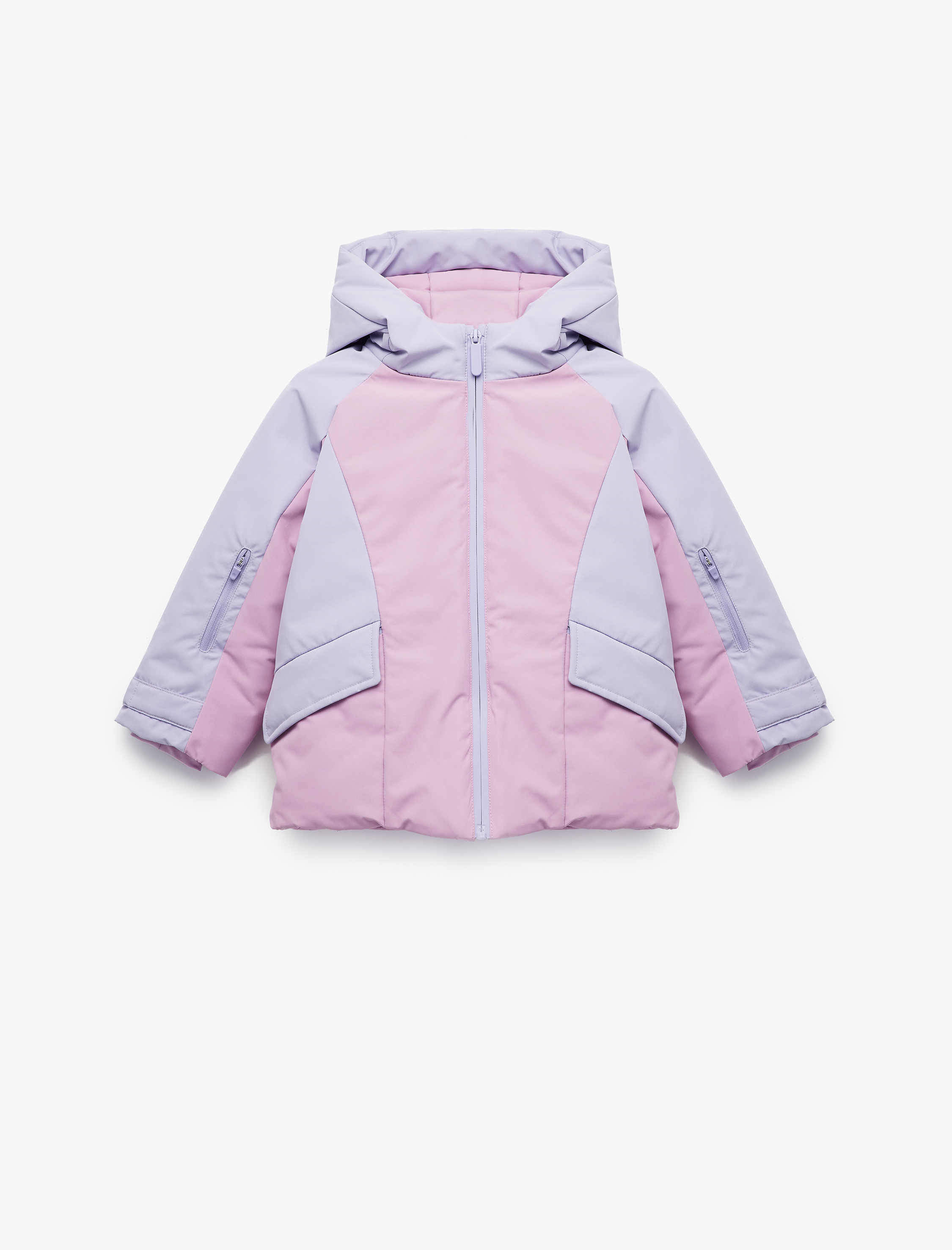  Kız Bebek Uzun Kollu Kapaklı Cep Detaylı Renk Bloklu Fermuarlı Kapşonlu Oversize Mont