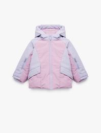 Uzun Kollu Kapaklı Cep Detaylı Renk Bloklu Fermuarlı Kapşonlu Oversize Mont