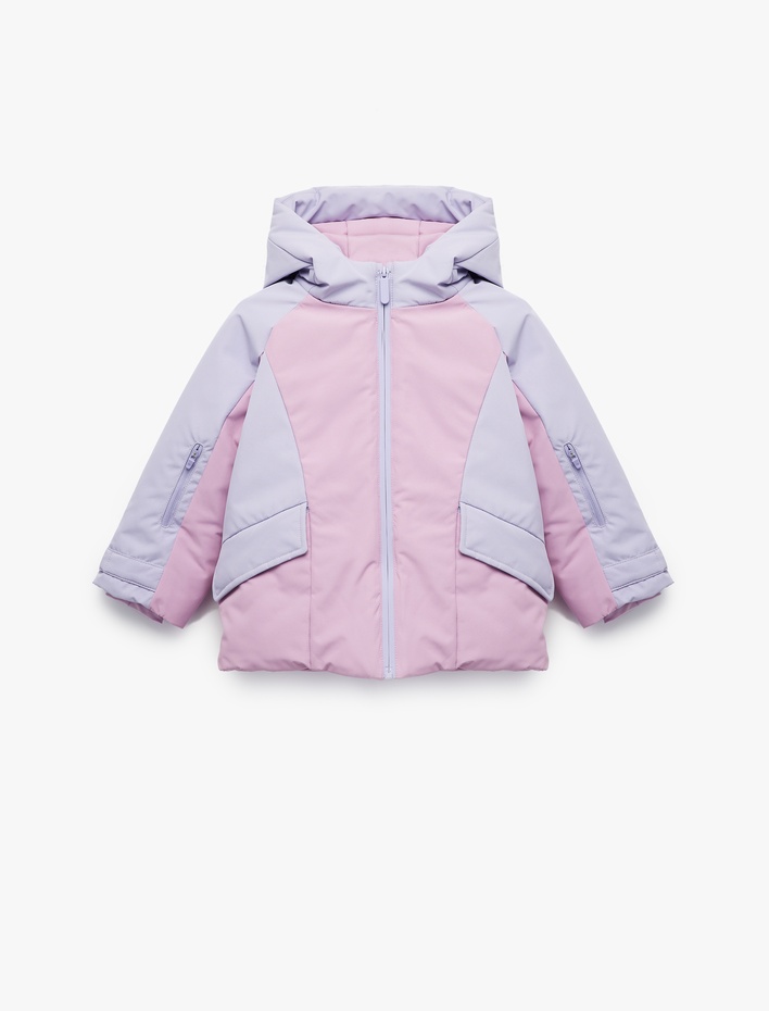 Kız Bebek Uzun Kollu Kapaklı Cep Detaylı Renk Bloklu Fermuarlı Kapşonlu Oversize Mont