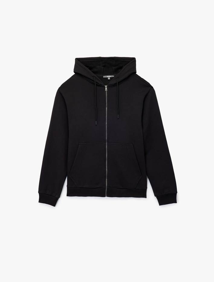  Pamuklu Uzun Kollu Fermuarlı Kanguru Cepli Kapüşonlu Sweatshirt