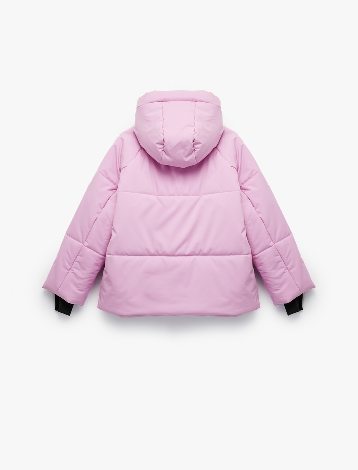 Kız Çocuk Uzun Kollu Cep Detaylı Fermuarlı Oversize Kapşonlu Şişme Mont