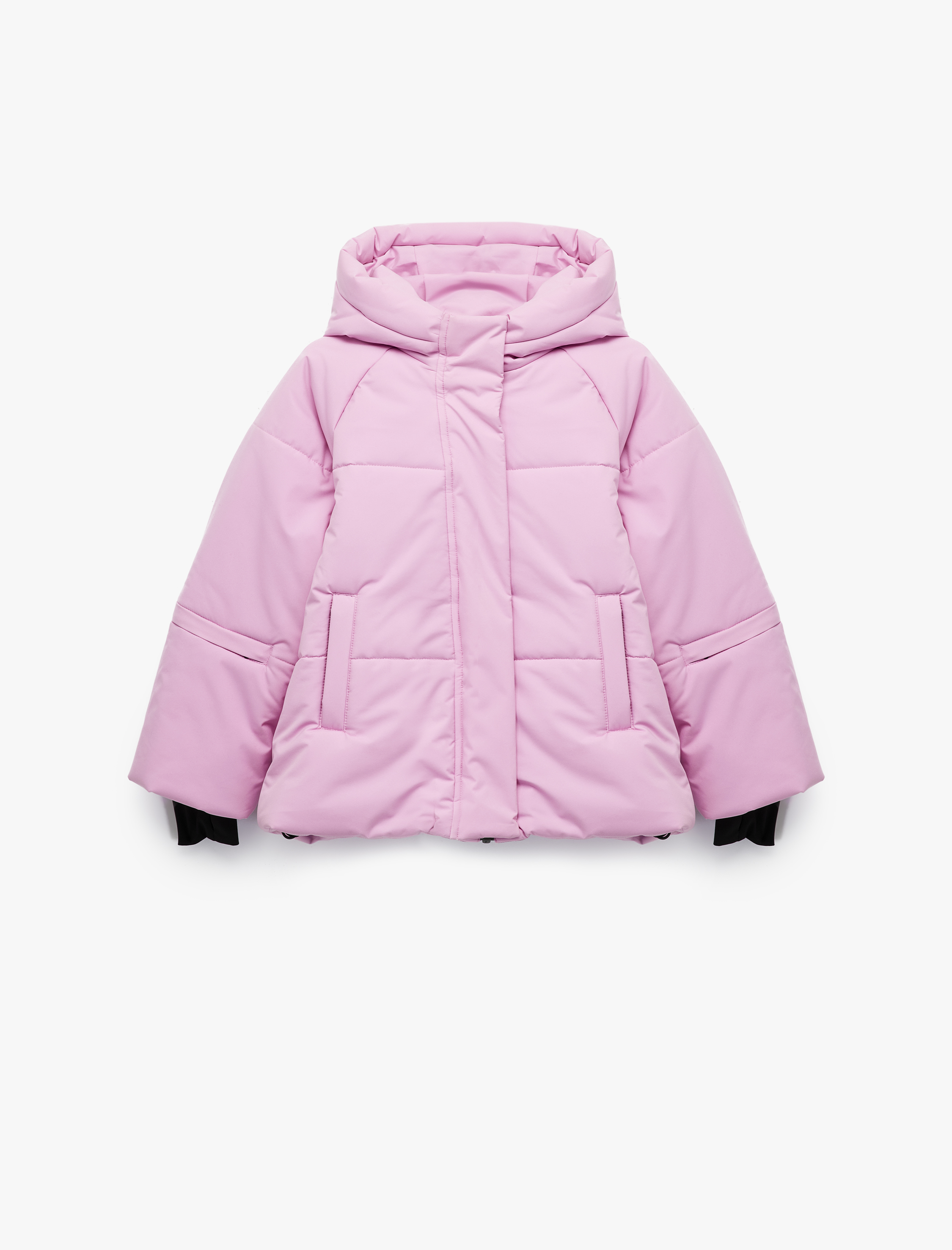  Kız Çocuk Uzun Kollu Cep Detaylı Fermuarlı Oversize Kapşonlu Şişme Mont