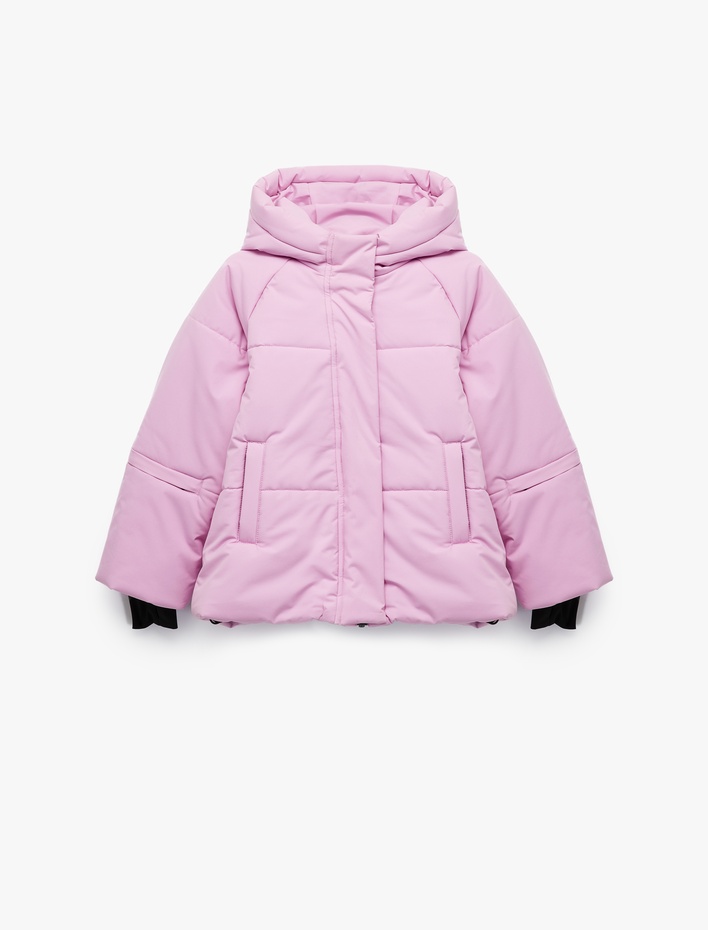 Kız Çocuk Uzun Kollu Cep Detaylı Fermuarlı Oversize Kapşonlu Şişme Mont