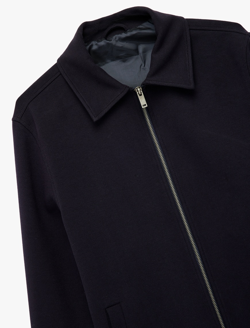   Slim Fit Cep Detaylı Uzun Kollu Fermuarlı Gömlek Yaka Mevsimlik Ceket