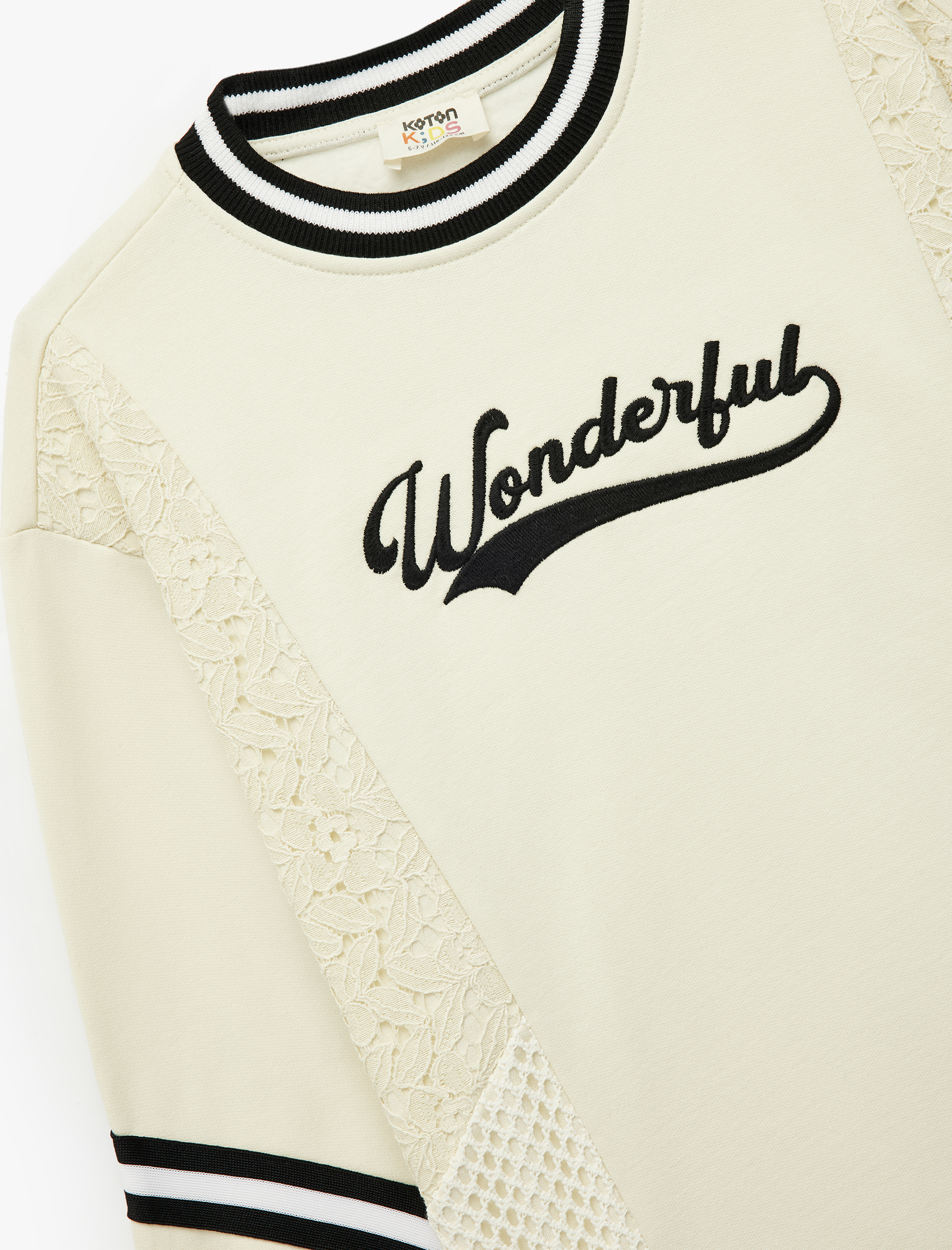 Kız Çocuk Şardonlu Uzun Kollu Bisiklet Yaka Dantel Detaylı Baskılı Oversize Sweatshirt