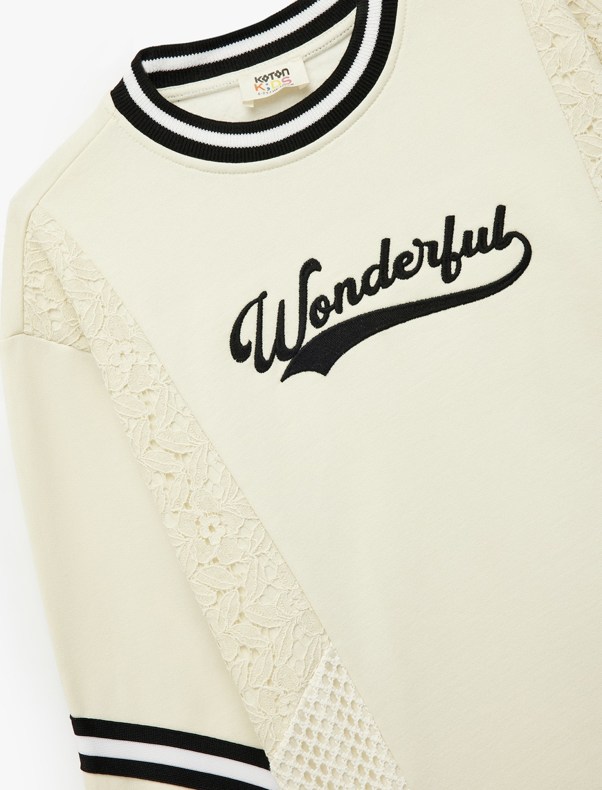  Kız Çocuk Şardonlu Uzun Kollu Bisiklet Yaka Dantel Detaylı Baskılı Oversize Sweatshirt
