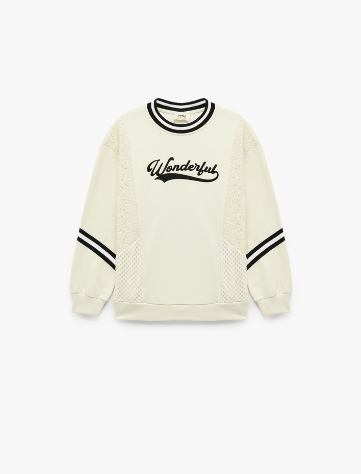Kız Çocuk Şardonlu Uzun Kollu Bisiklet Yaka Dantel Detaylı Baskılı Oversize Sweatshirt