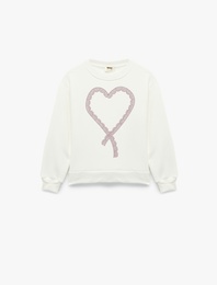 Şardonlu Uzun Kollu Bisiklet Yaka Kalpli Sweatshirt