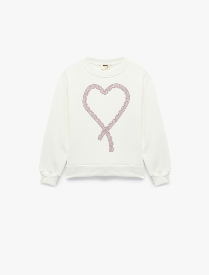 Kız Çocuk Şardonlu Uzun Kollu Bisiklet Yaka Kalpli Sweatshirt