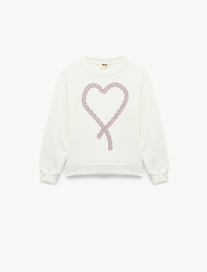  Kız Çocuk Şardonlu Uzun Kollu Bisiklet Yaka Kalpli Sweatshirt