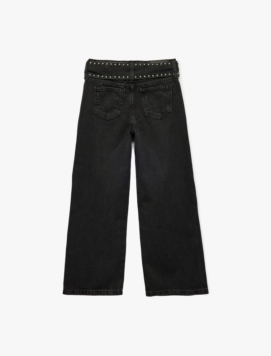  Kız Çocuk Kuşgözü Detaylı Pamuklu Kemerli Geniş Paça Denim Pantolon