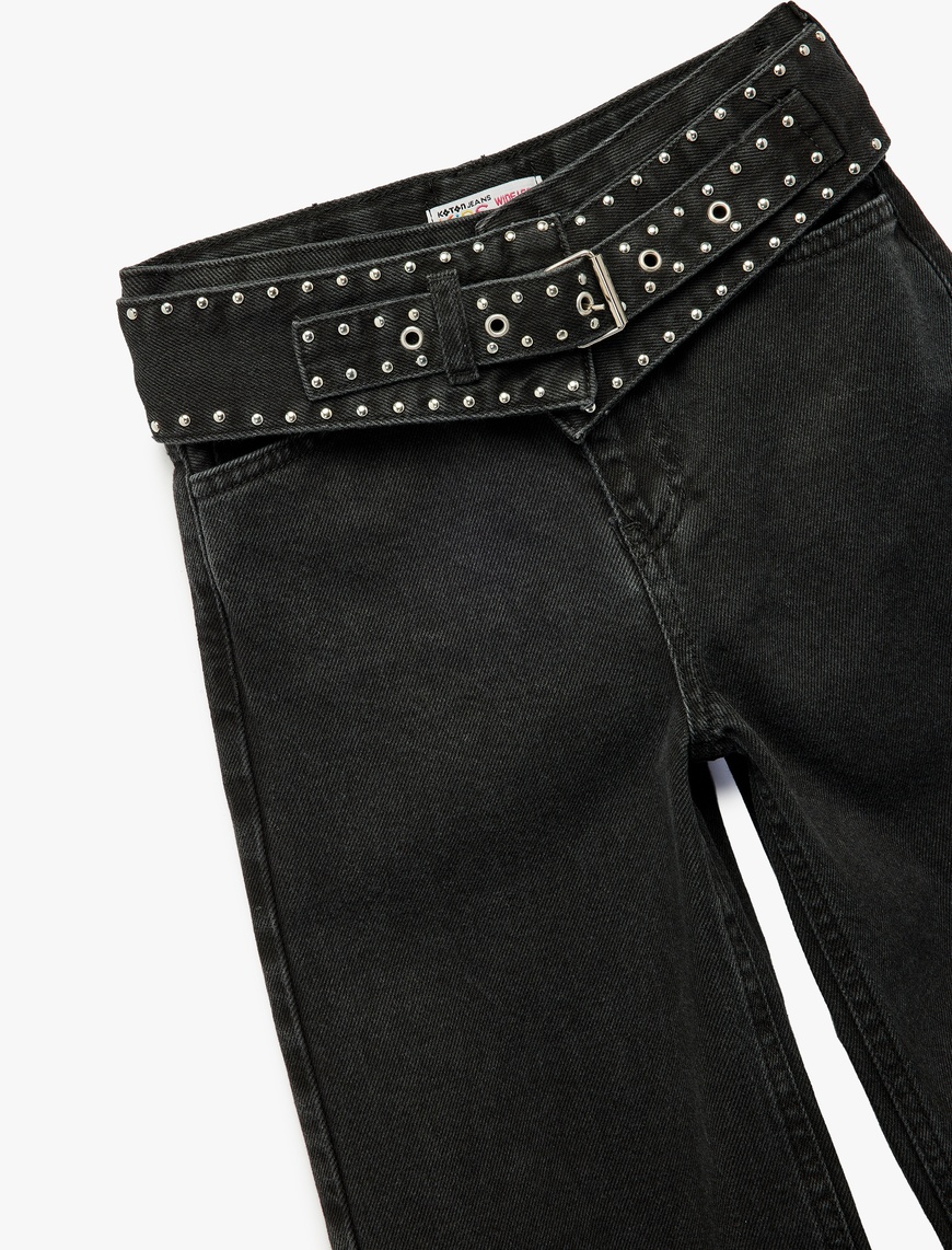  Kız Çocuk Kuşgözü Detaylı Pamuklu Kemerli Geniş Paça Denim Pantolon