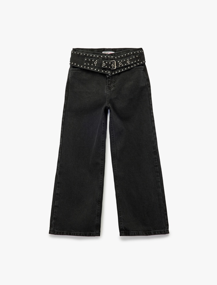 Kız Çocuk Kuşgözü Detaylı Pamuklu Kemerli Geniş Paça Denim Pantolon