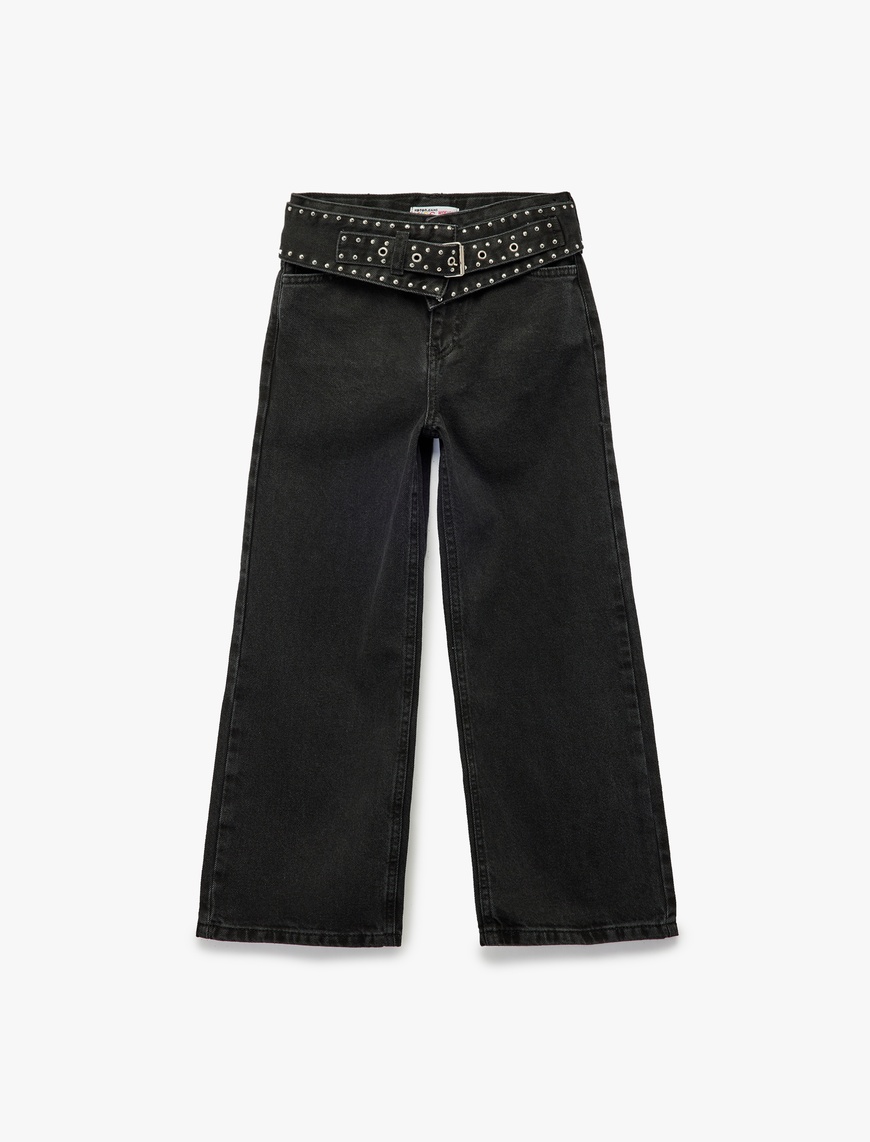 Kız Çocuk Kuşgözü Detaylı Pamuklu Kemerli Geniş Paça Denim Pantolon