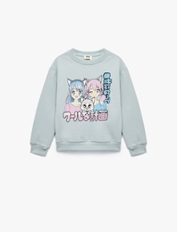 Uzun Kollu Bisiklet Yaka Şardonlu Baskılı Sweatshirt