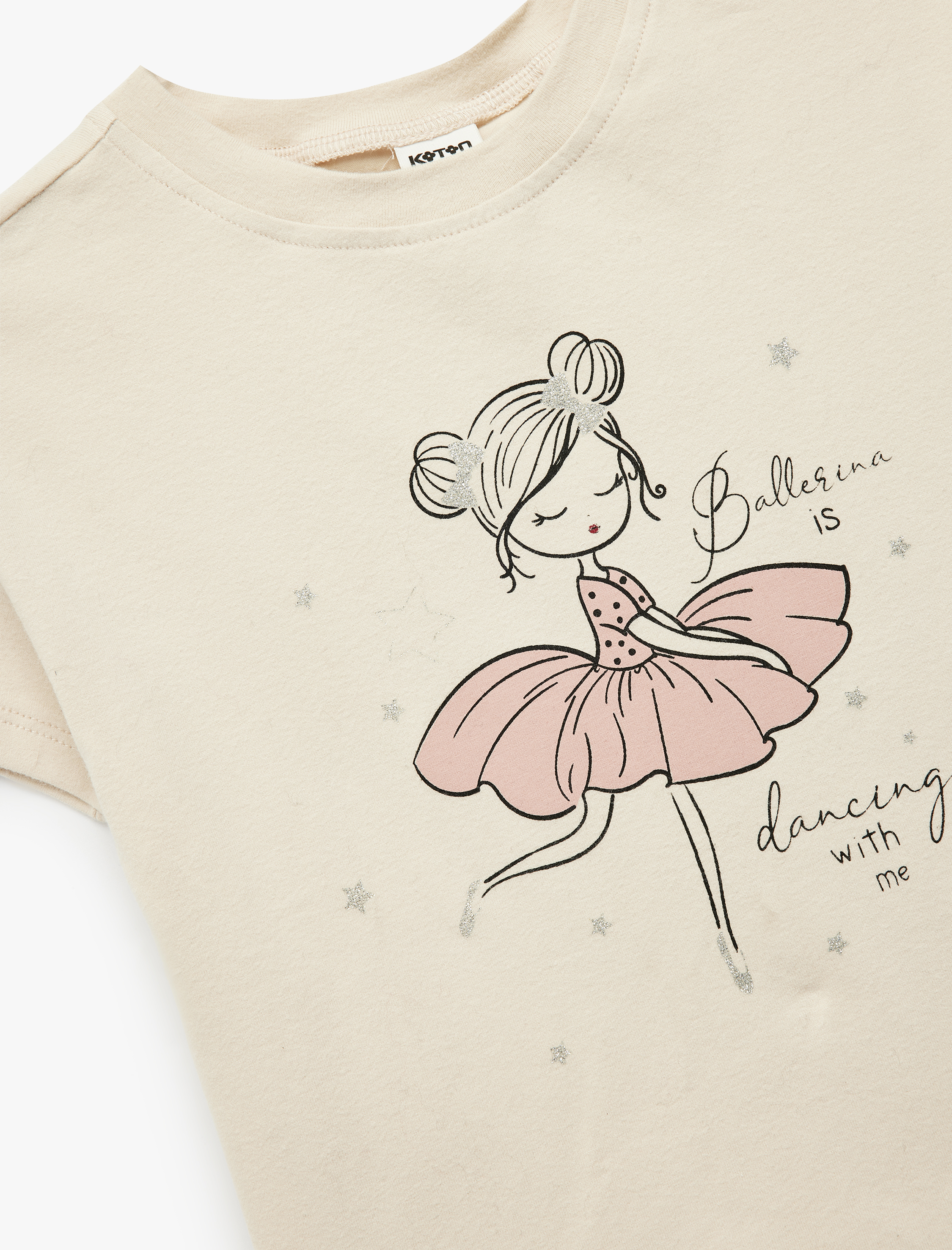  Kız Bebek Kısa Kollu Bisiklet Yaka Pamuklu Balerin Baskılı Tişört