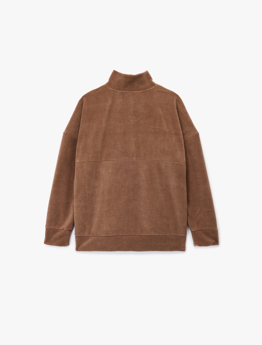   Oversize Uzun Kollu Yarım Fermuarlı Şardonlu Polar Sweatshirt