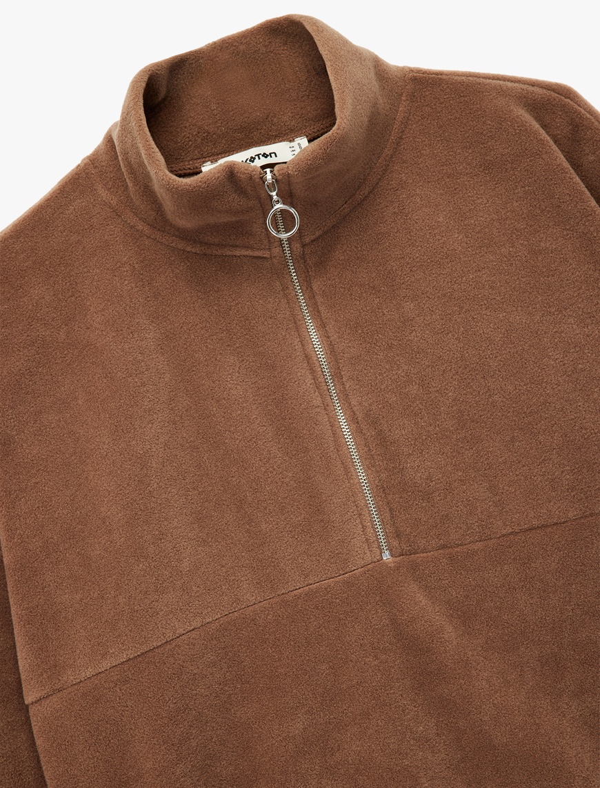  Oversize Uzun Kollu Yarım Fermuarlı Şardonlu Polar Sweatshirt