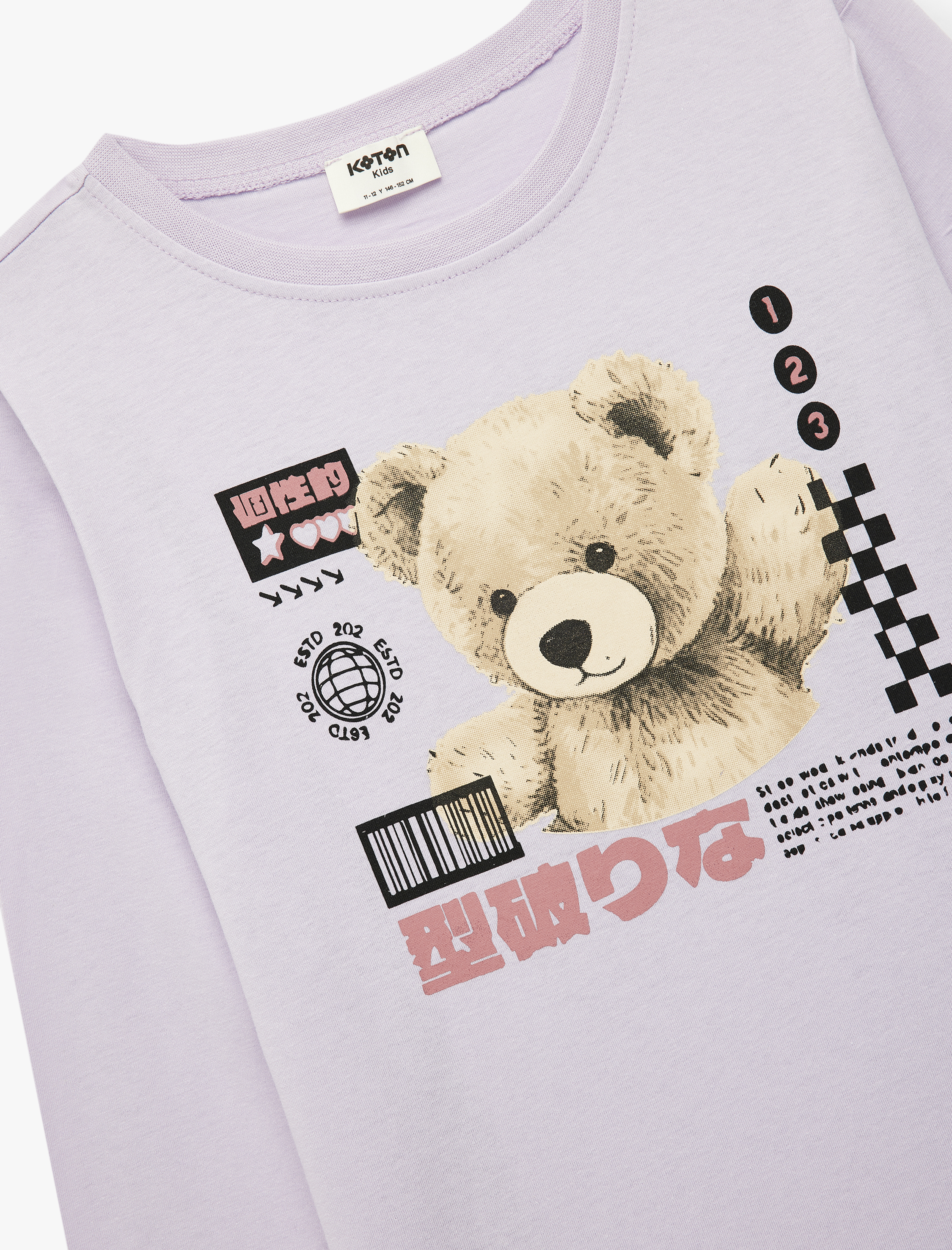  Kız Çocuk Uzun Kollu Bisiklet Yaka Ayıcık Baskılı Pamuklu Tişört