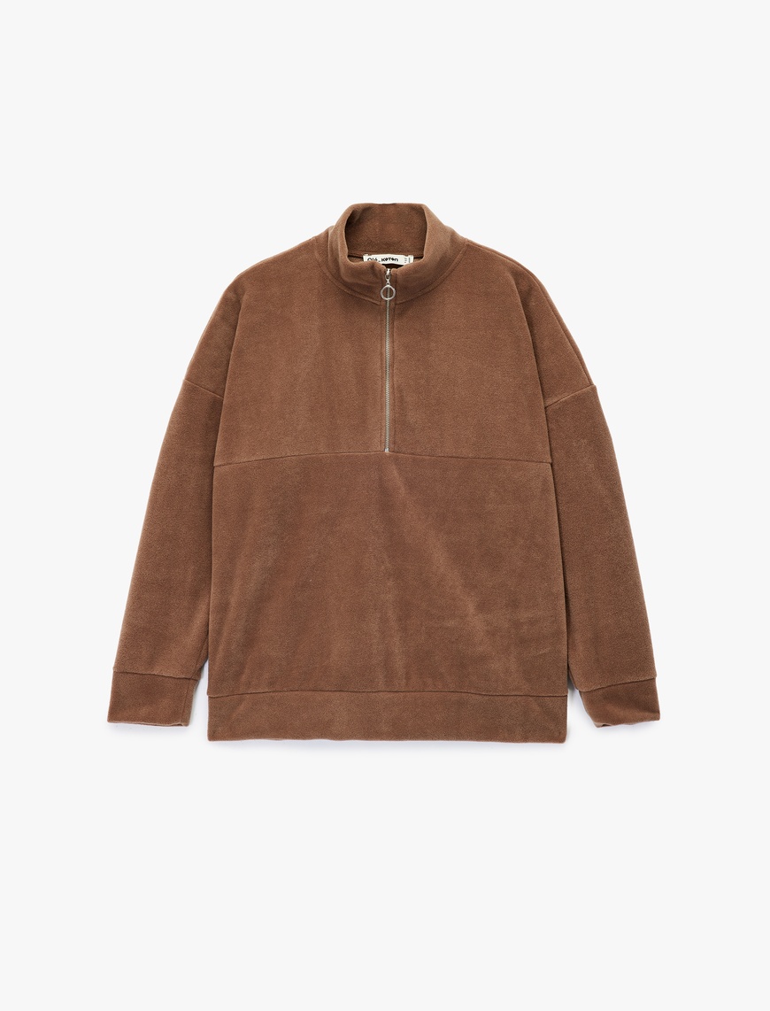   Oversize Uzun Kollu Yarım Fermuarlı Şardonlu Polar Sweatshirt