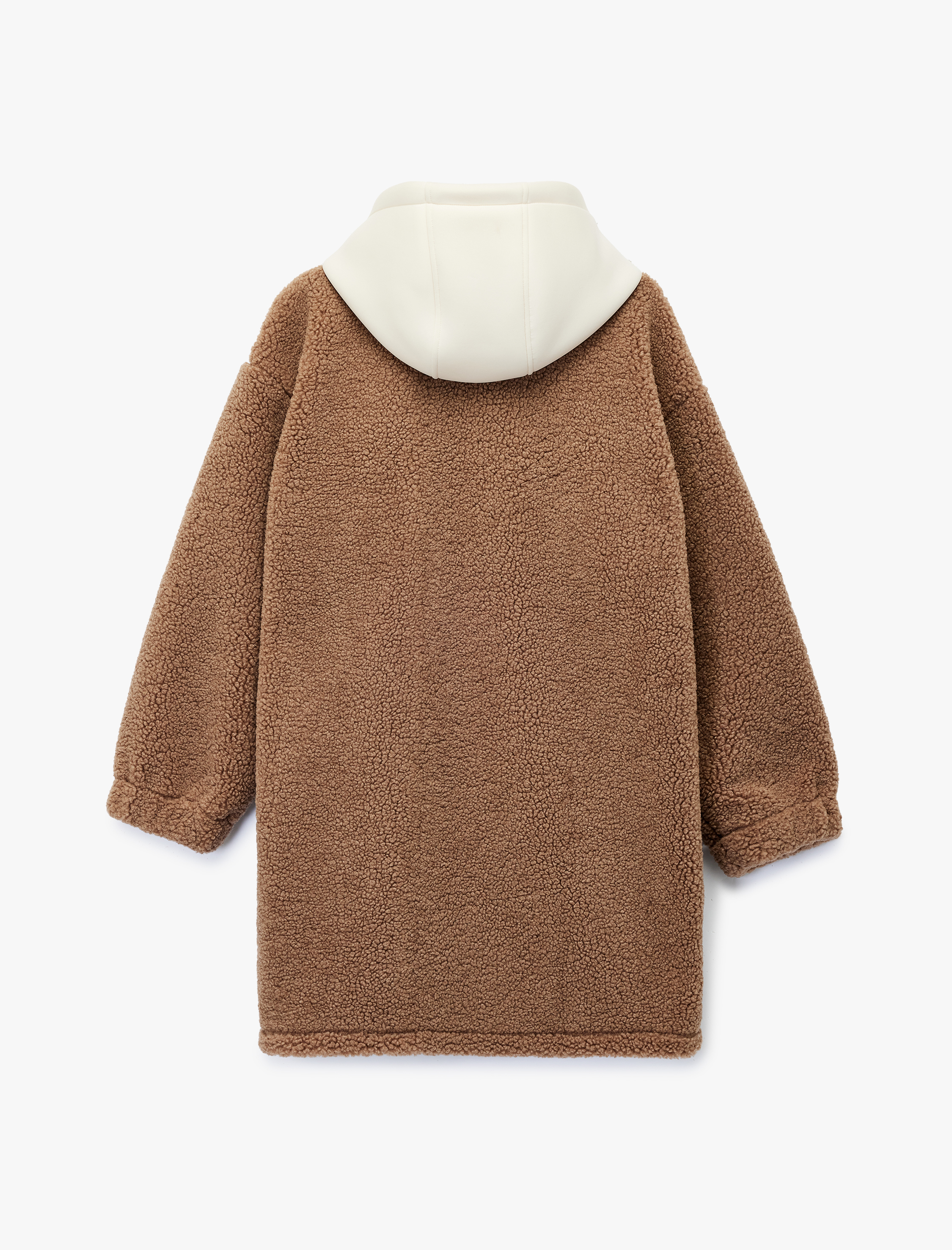   Uzun Kollu Fermuarlı Kapüşonlu Oversize Peluş Mont