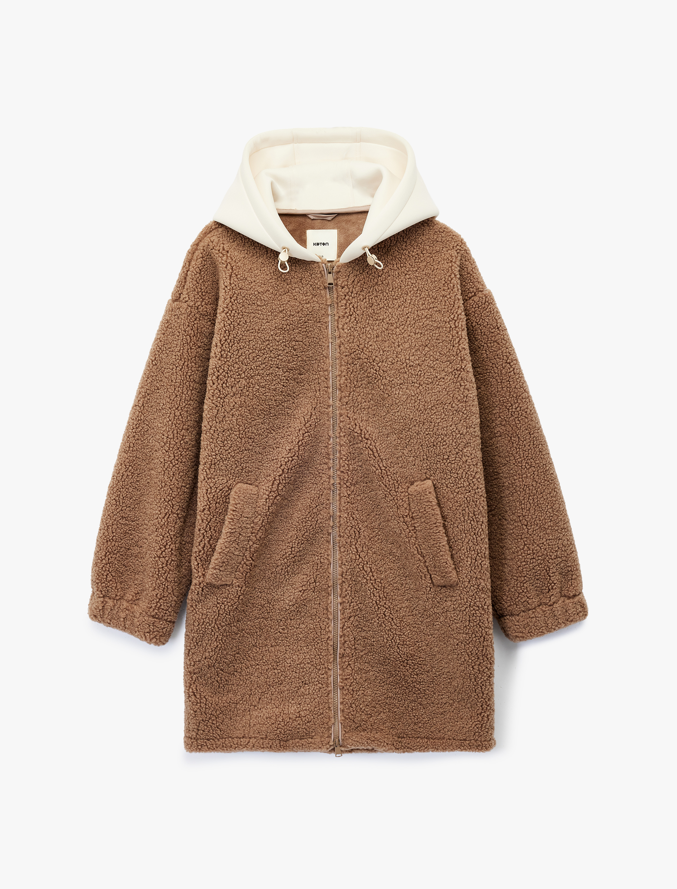   Uzun Kollu Fermuarlı Kapüşonlu Oversize Peluş Mont